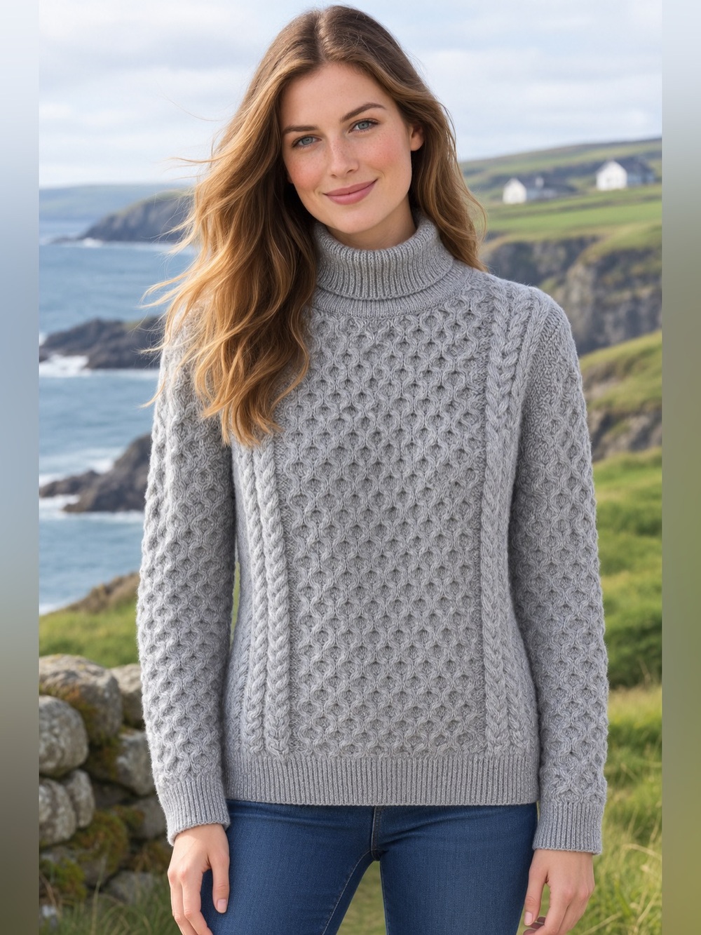 Inis Crafts Made in Ireland 100% Lambswool Gray Aran Knit Turtleneck Sweater